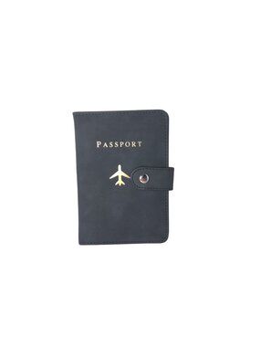 Travel Passport Holder With Snap Closure - Black Faux Leather With Gold Airplane